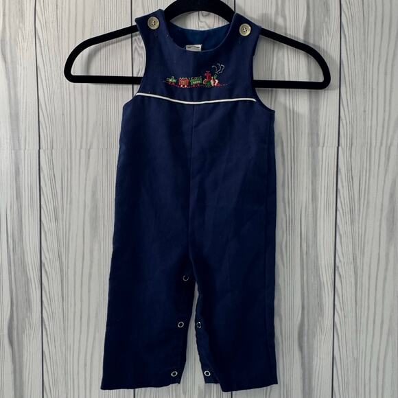 Vintage Navy Toddler Embroidered Trains Baby Overalls Boys Size 12 Mos USA - Picture 1 of 7